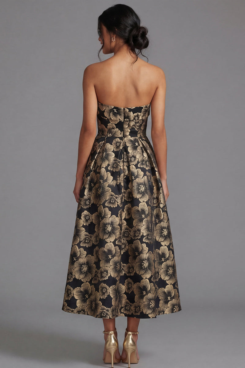 Load image into Gallery viewer, Gold Strapless Maxi A Line Floral Formal Dress