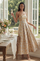 Load image into Gallery viewer, Gold Strapless Maxi A Line Floral Formal Dress