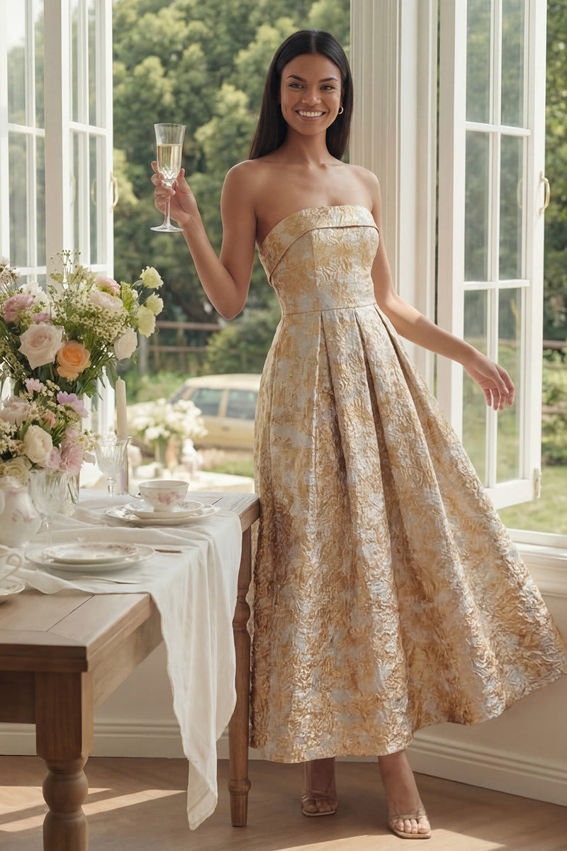 Load image into Gallery viewer, Gold Strapless Maxi A Line Floral Formal Dress