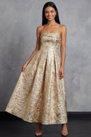 Load image into Gallery viewer, Gold Strapless Maxi A Line Floral Formal Dress