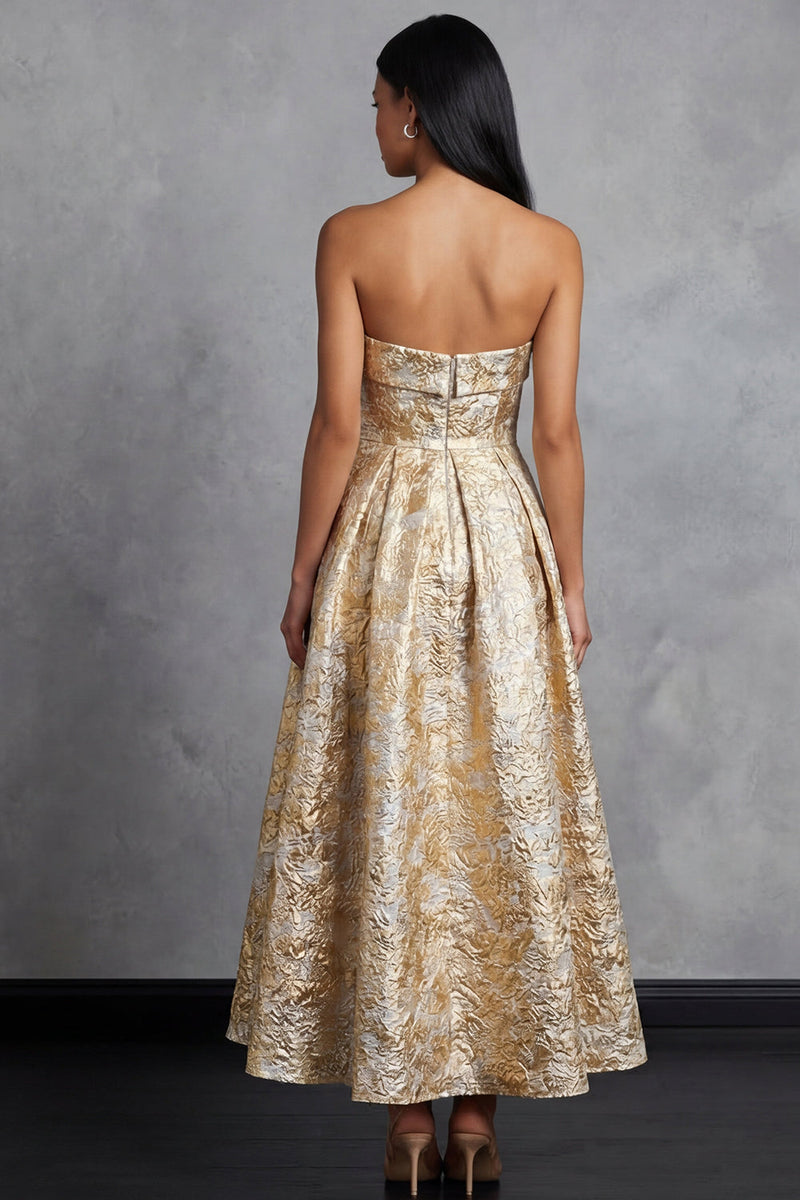 Load image into Gallery viewer, Gold Strapless Maxi A Line Floral Formal Dress