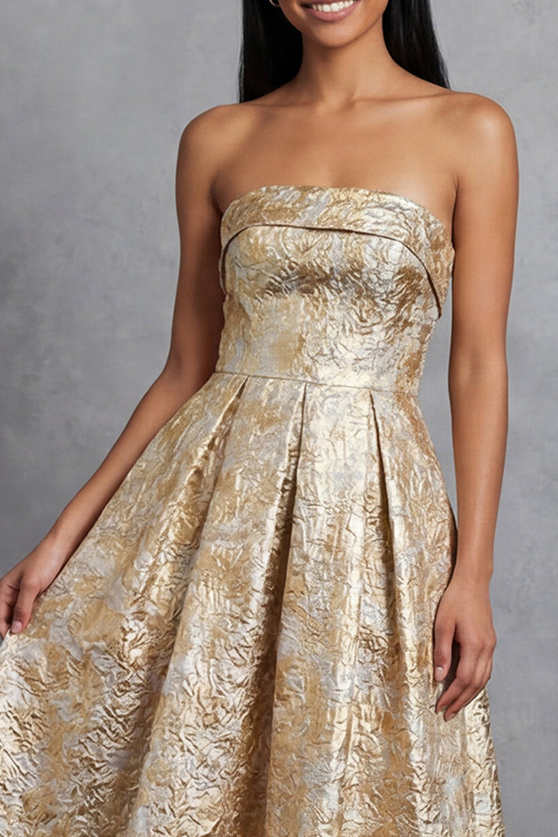 Load image into Gallery viewer, Gold Strapless Maxi A Line Floral Formal Dress