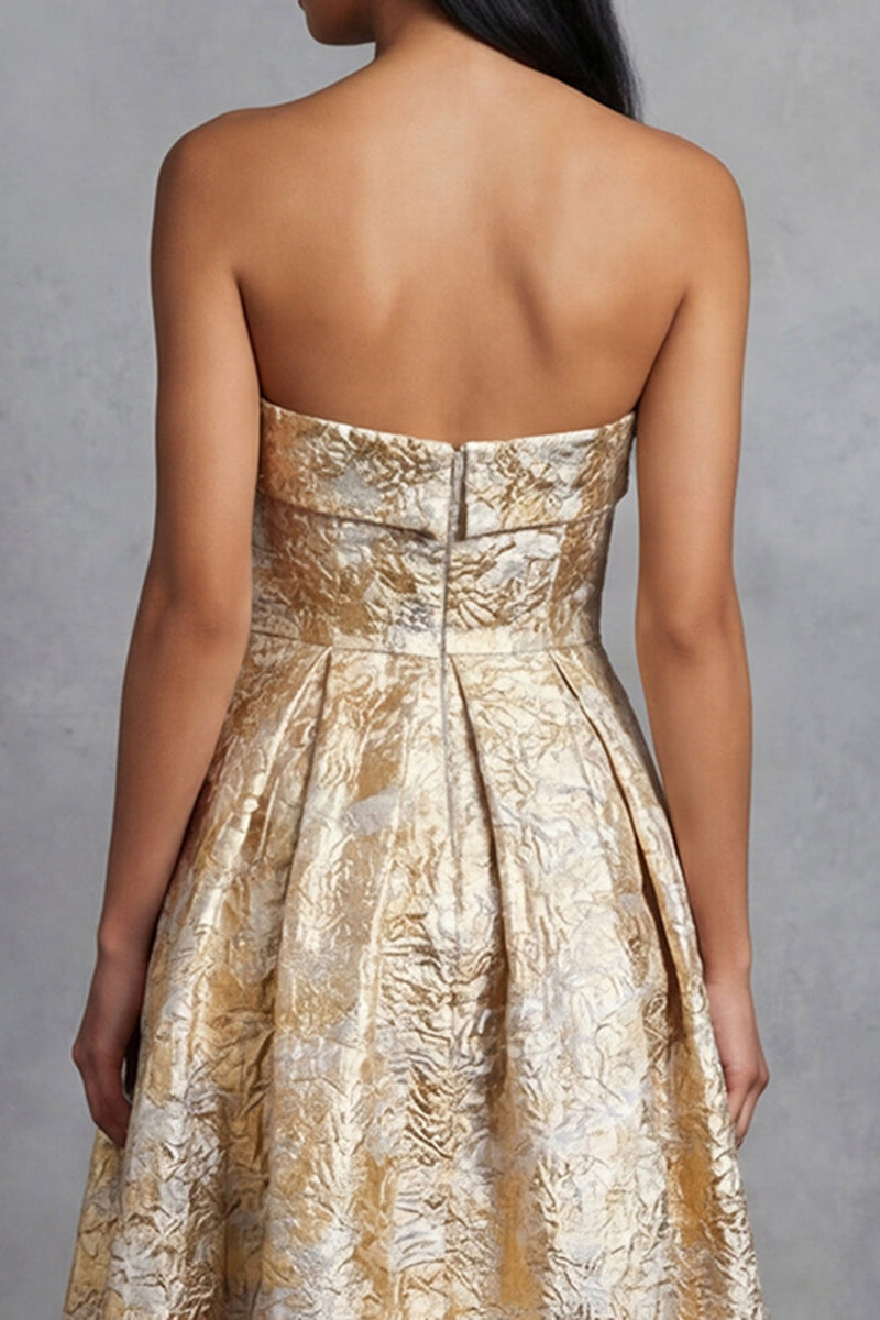 Load image into Gallery viewer, Gold Strapless Maxi A Line Floral Formal Dress