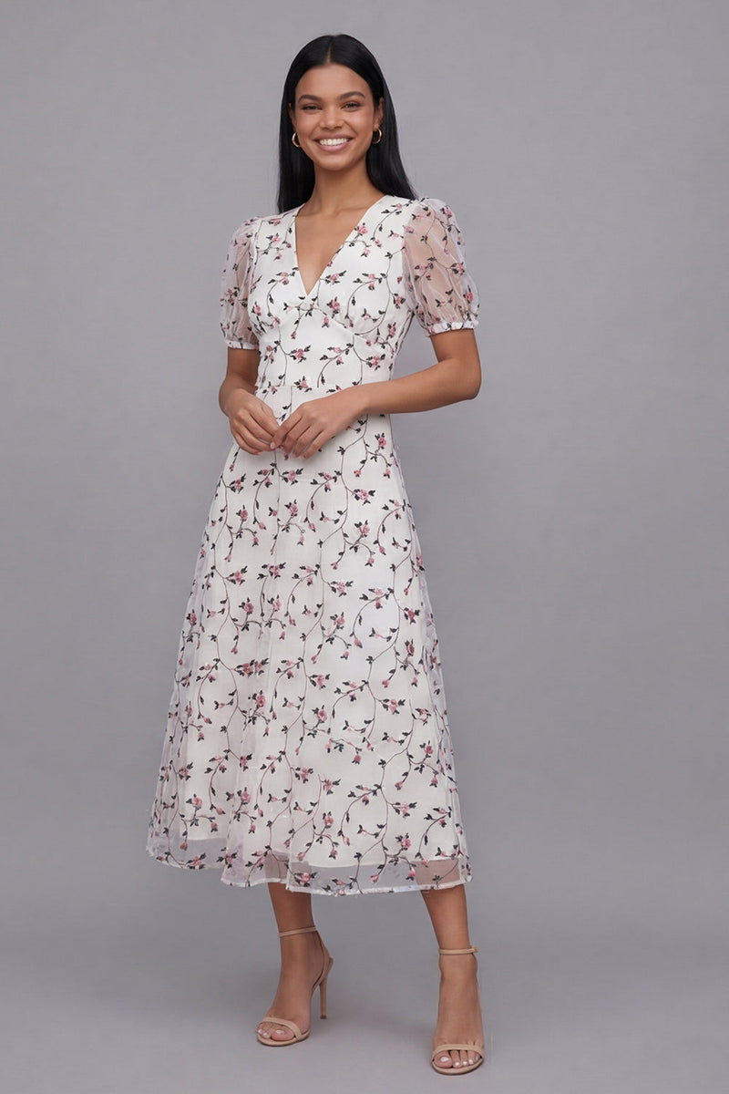 Load image into Gallery viewer, White Red Flower Floral V-Neck Maxi A Line Formal Dress