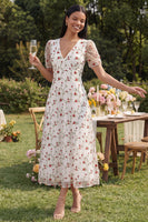 Load image into Gallery viewer, White Red Flower Floral V-Neck Maxi A Line Formal Dress
