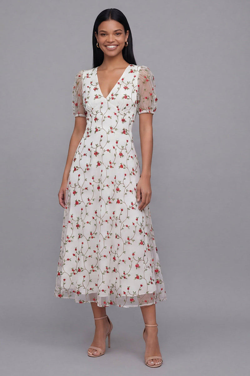 Load image into Gallery viewer, White Red Flower Floral V-Neck Maxi A Line Formal Dress