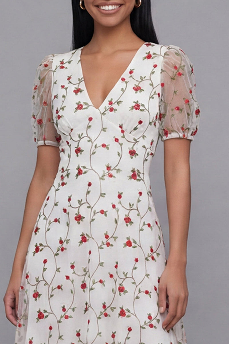 Load image into Gallery viewer, White Red Flower Floral V-Neck Maxi A Line Formal Dress