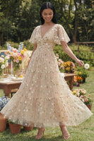 Load image into Gallery viewer, Champagne Floral V-Neck Maxi A Line Formal Dress