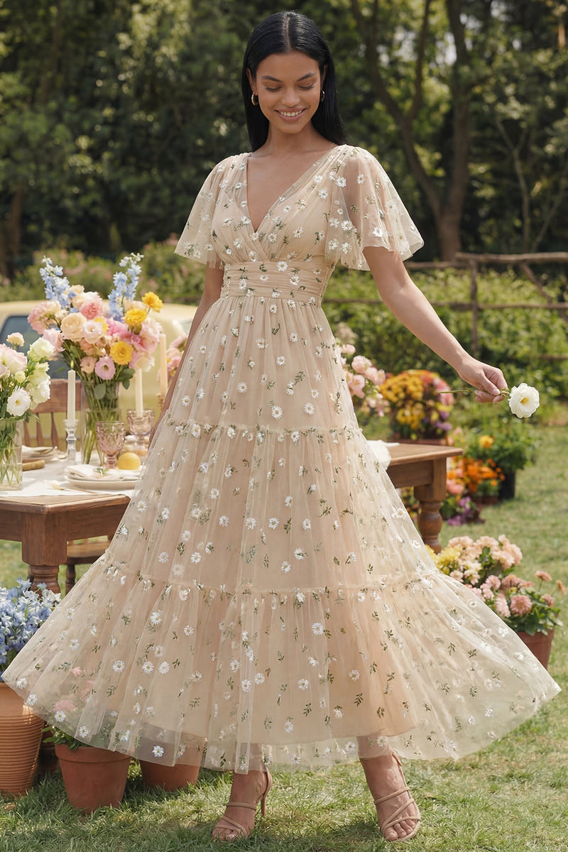 Load image into Gallery viewer, Champagne Floral V-Neck Maxi A Line Formal Dress