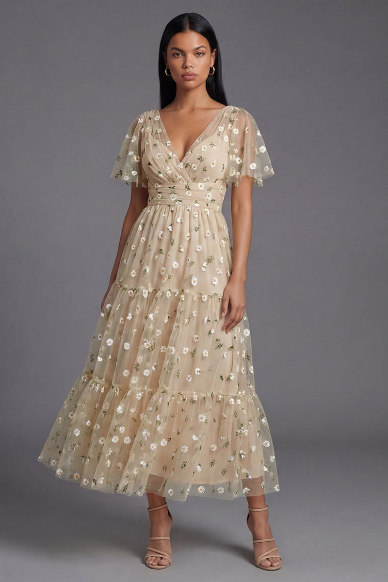 Load image into Gallery viewer, Champagne Floral V-Neck Maxi A Line Formal Dress