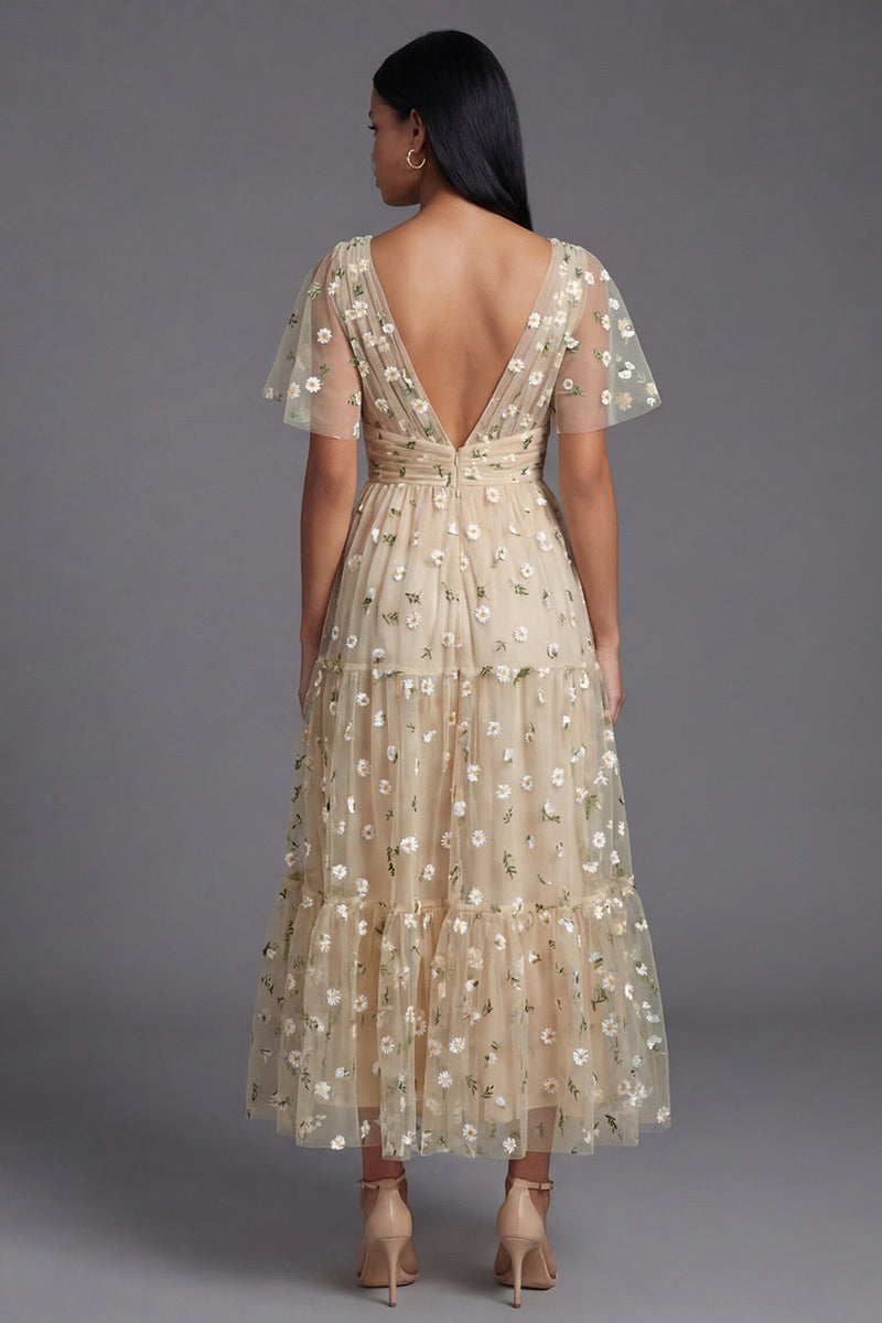 Load image into Gallery viewer, Champagne Floral V-Neck Maxi A Line Formal Dress