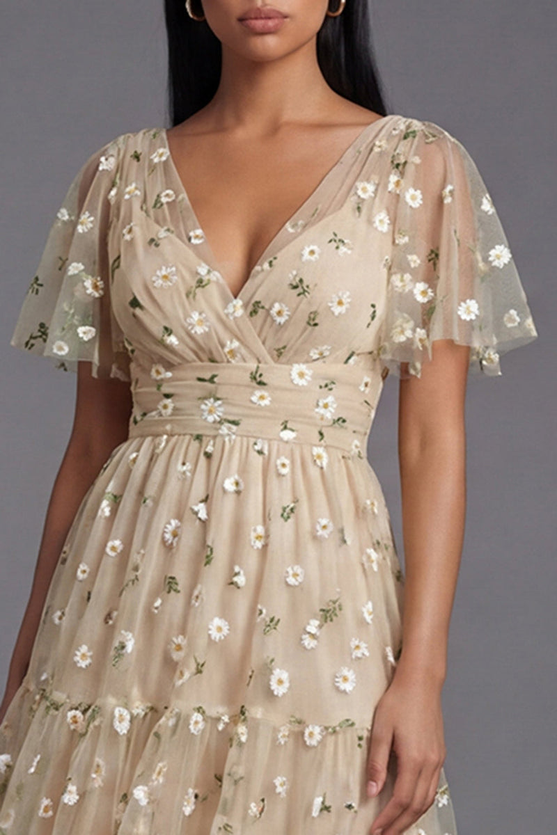Load image into Gallery viewer, Champagne Floral V-Neck Maxi A Line Formal Dress