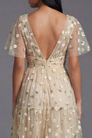 Load image into Gallery viewer, Champagne Floral V-Neck Maxi A Line Formal Dress