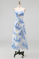 Load image into Gallery viewer, White Blue Flower Corset A Line Maxi Floral Formal Dress with Slit