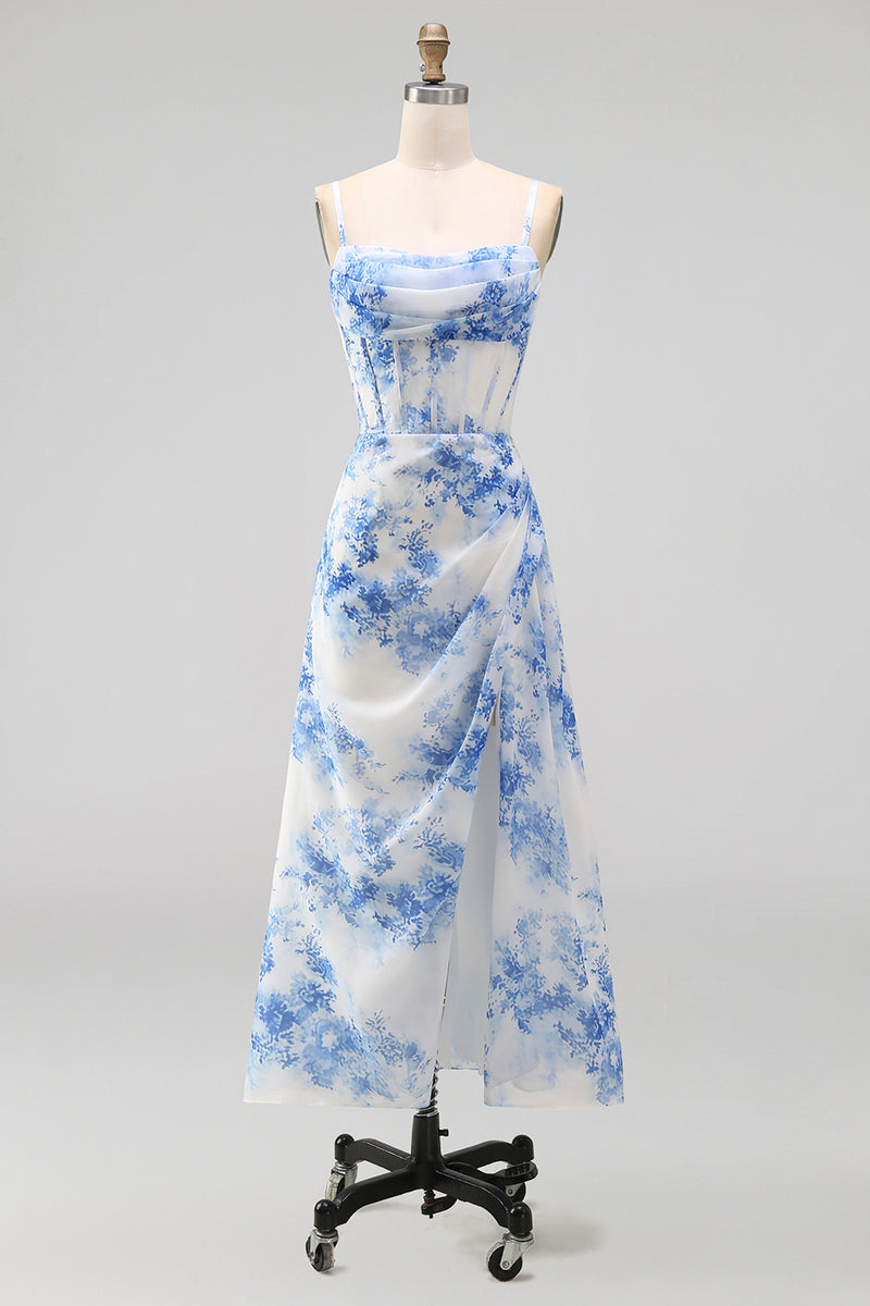 Load image into Gallery viewer, White Blue Flower Corset A Line Maxi Floral Formal Dress with Slit