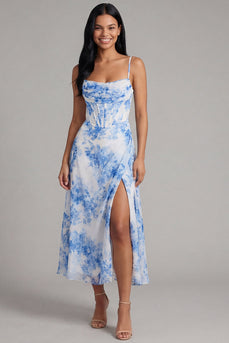 White Blue Flower Corset A Line Maxi Floral Formal Dress with Slit