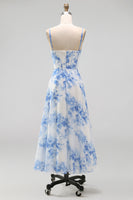 Load image into Gallery viewer, White Blue Flower Corset A Line Maxi Floral Formal Dress with Slit