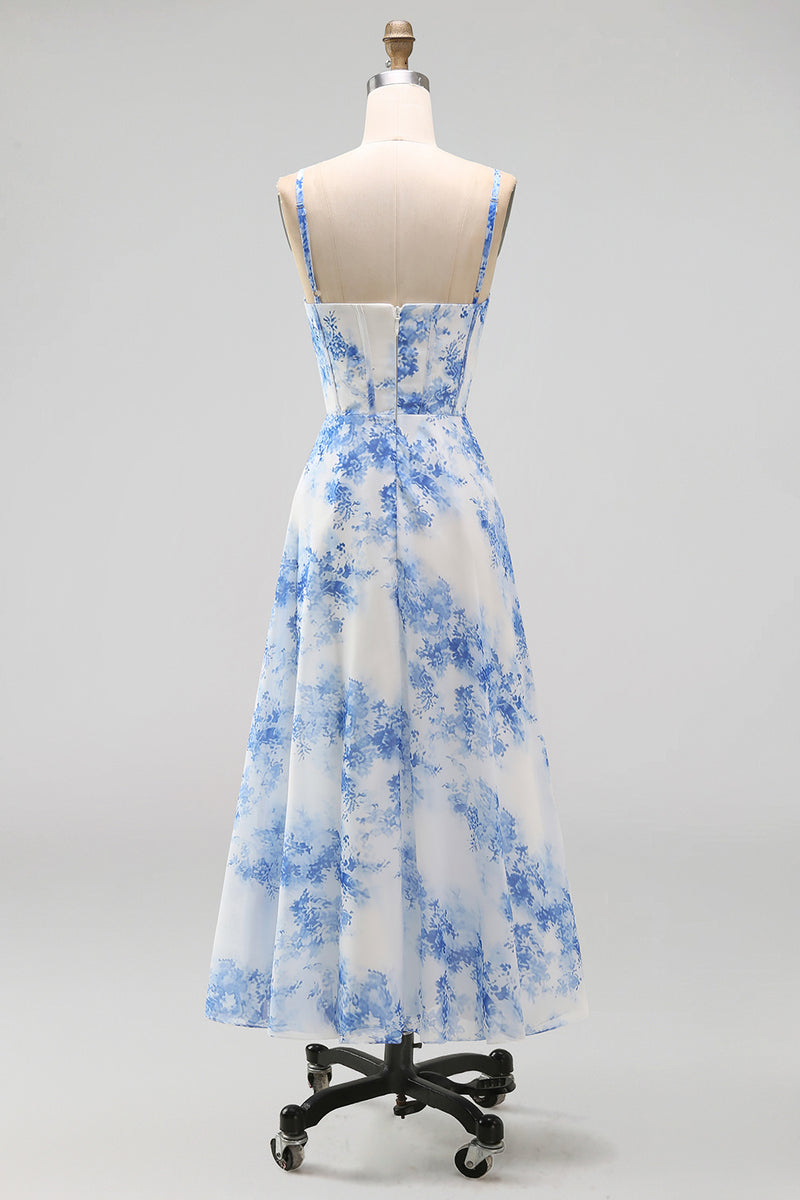 Load image into Gallery viewer, White Blue Flower Corset A Line Maxi Floral Formal Dress with Slit