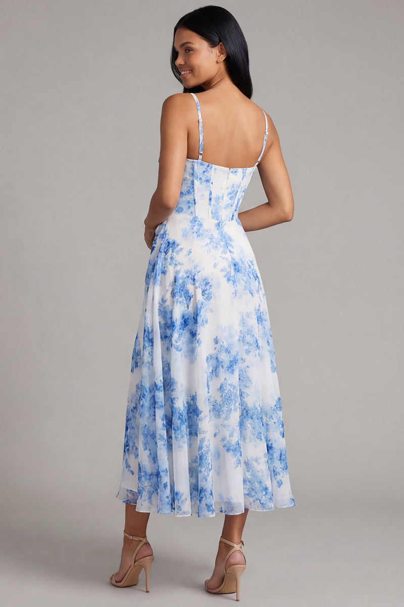 Load image into Gallery viewer, White Blue Flower Corset A Line Maxi Floral Formal Dress with Slit