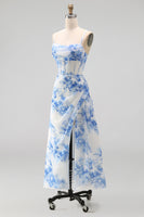 Load image into Gallery viewer, White Blue Flower Corset A Line Maxi Floral Formal Dress with Slit