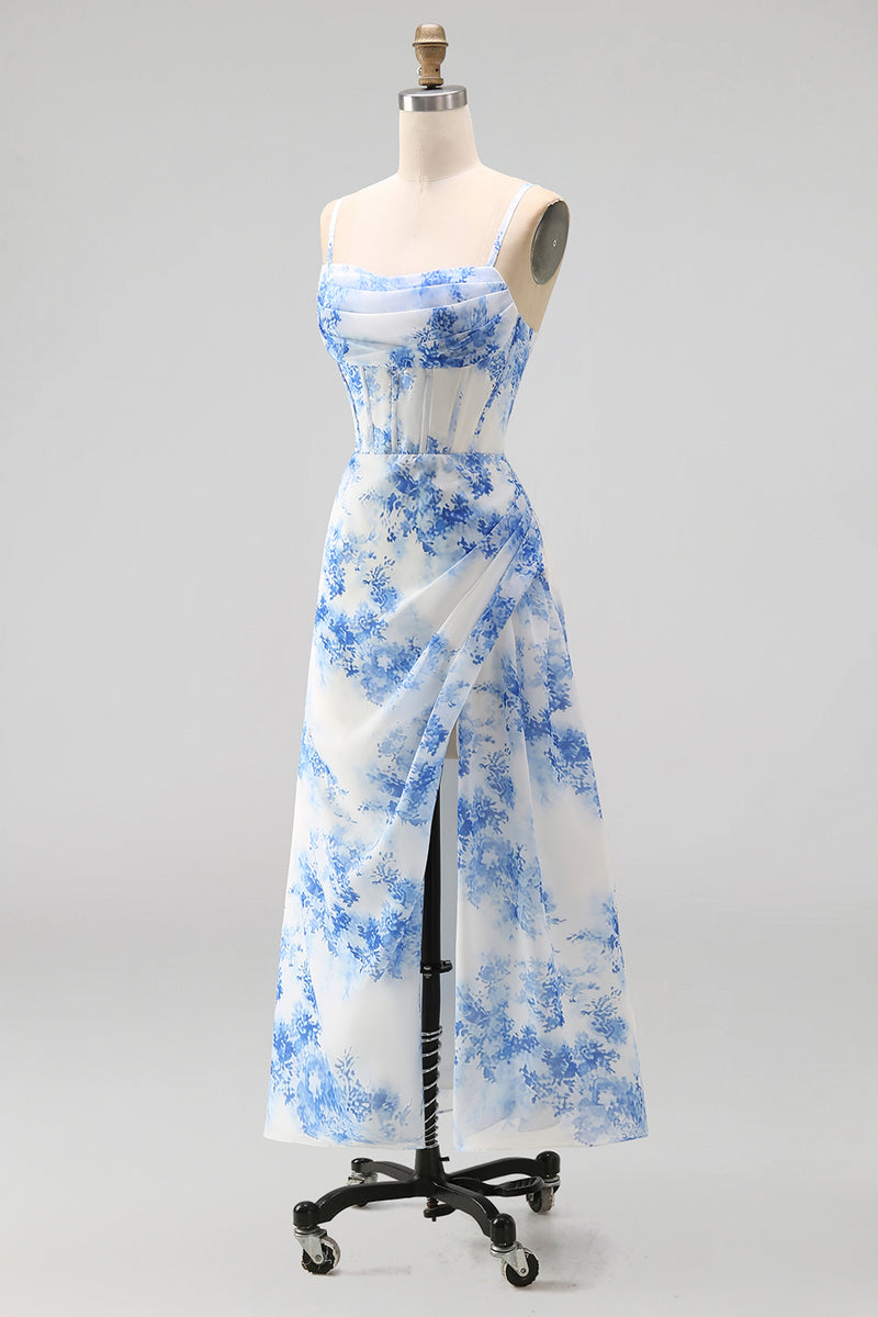 Load image into Gallery viewer, White Blue Flower Corset A Line Maxi Floral Formal Dress with Slit