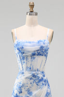 Load image into Gallery viewer, White Blue Flower Corset A Line Maxi Floral Formal Dress with Slit