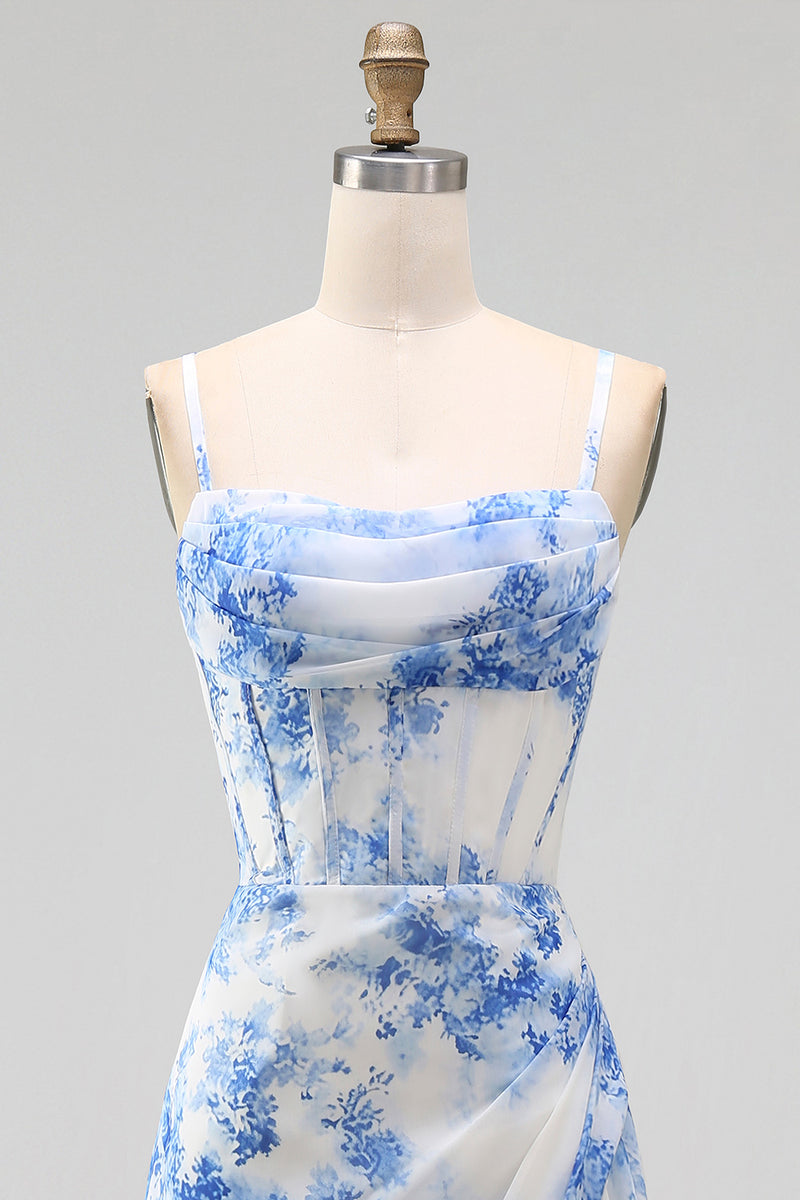 Load image into Gallery viewer, White Blue Flower Corset A Line Maxi Floral Formal Dress with Slit