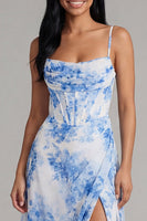 Load image into Gallery viewer, White Blue Flower Corset A Line Maxi Floral Formal Dress with Slit