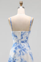 Load image into Gallery viewer, White Blue Flower Corset A Line Maxi Floral Formal Dress with Slit