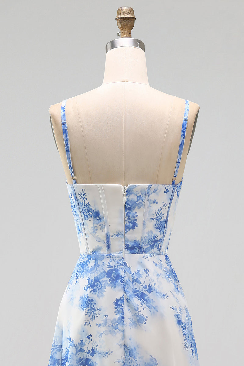 Load image into Gallery viewer, White Blue Flower Corset A Line Maxi Floral Formal Dress with Slit