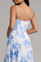 Load image into Gallery viewer, White Blue Flower Corset A Line Maxi Floral Formal Dress with Slit