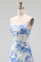 Load image into Gallery viewer, White Blue Flower Corset A Line Maxi Floral Formal Dress with Slit