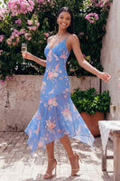 Load image into Gallery viewer, Floral Spaghetti Straps Asymmetrical A Line Blue Formal Dress