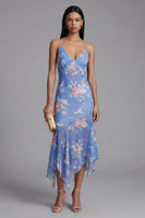 Load image into Gallery viewer, Floral Spaghetti Straps Asymmetrical A Line Blue Formal Dress