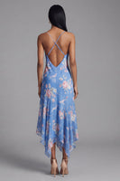 Load image into Gallery viewer, Floral Spaghetti Straps Asymmetrical A Line Blue Formal Dress