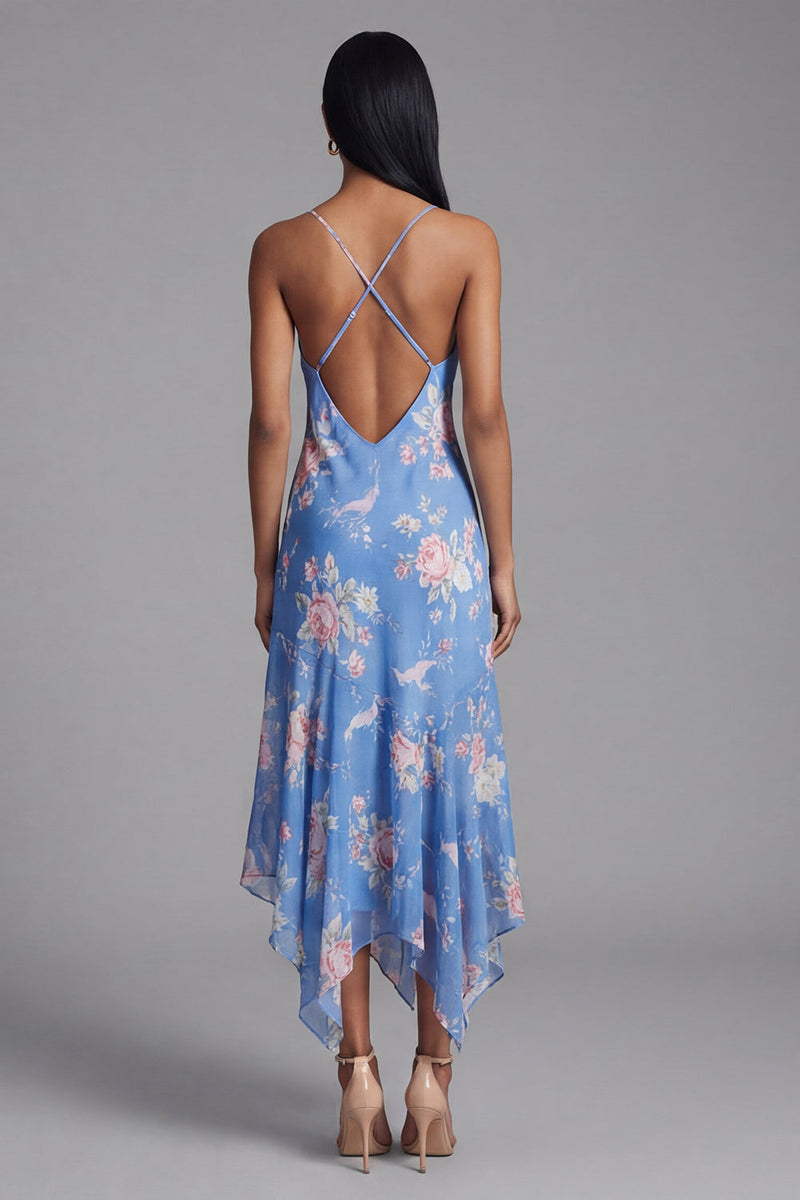 Load image into Gallery viewer, Floral Spaghetti Straps Asymmetrical A Line Blue Formal Dress