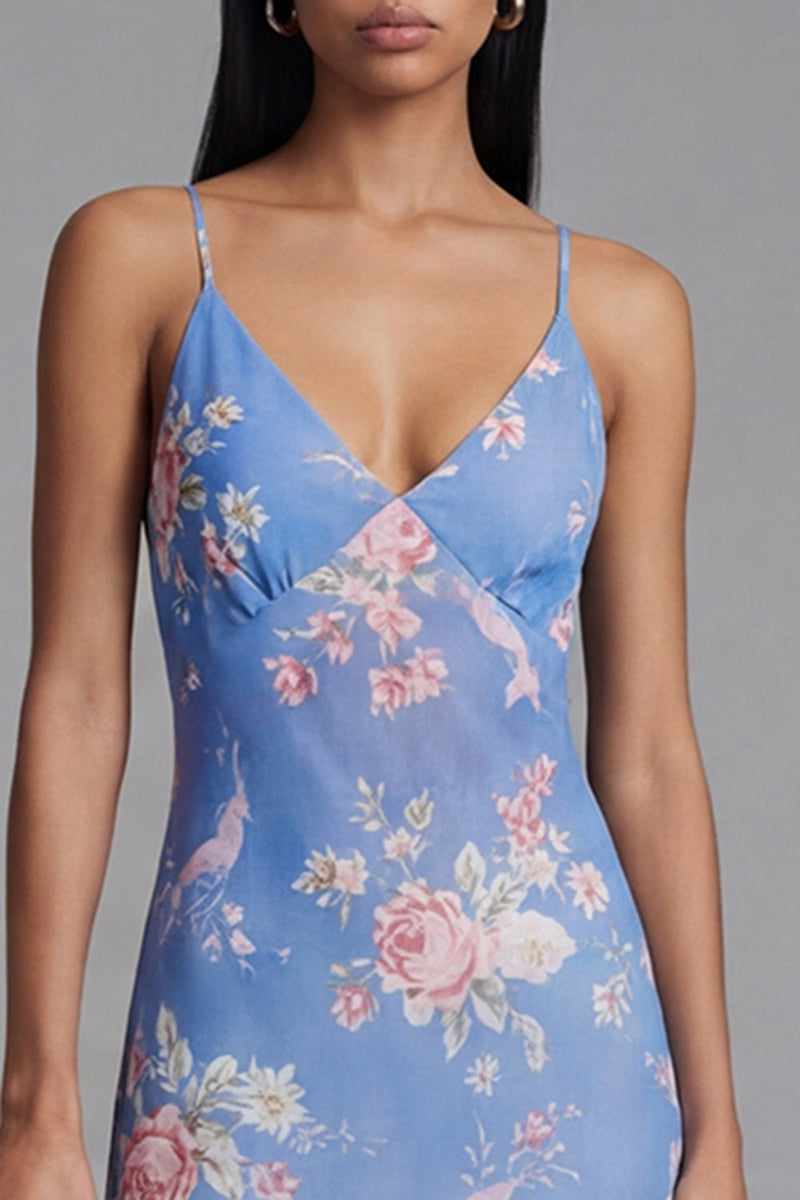 Load image into Gallery viewer, Floral Spaghetti Straps Asymmetrical A Line Blue Formal Dress