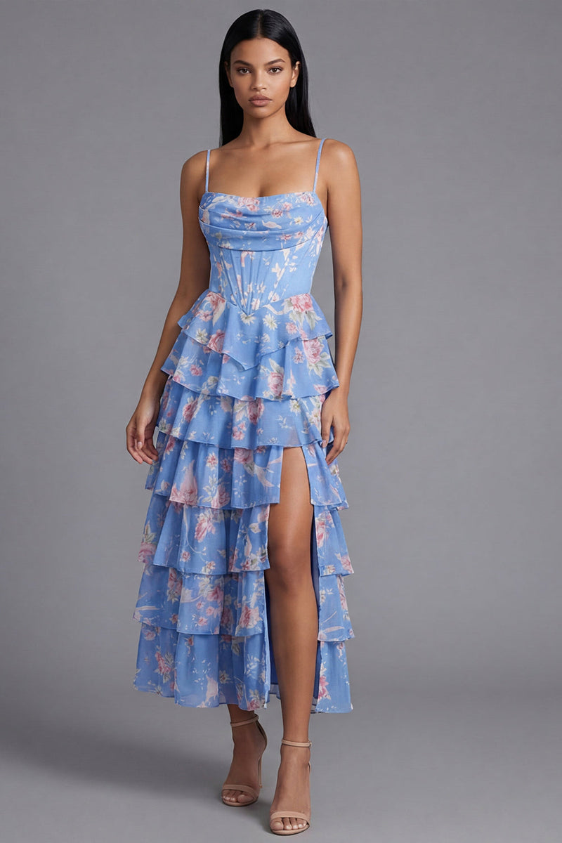 Load image into Gallery viewer, Blue Beach Corset Floral Maxi A Line Formal Dress with Ruffles