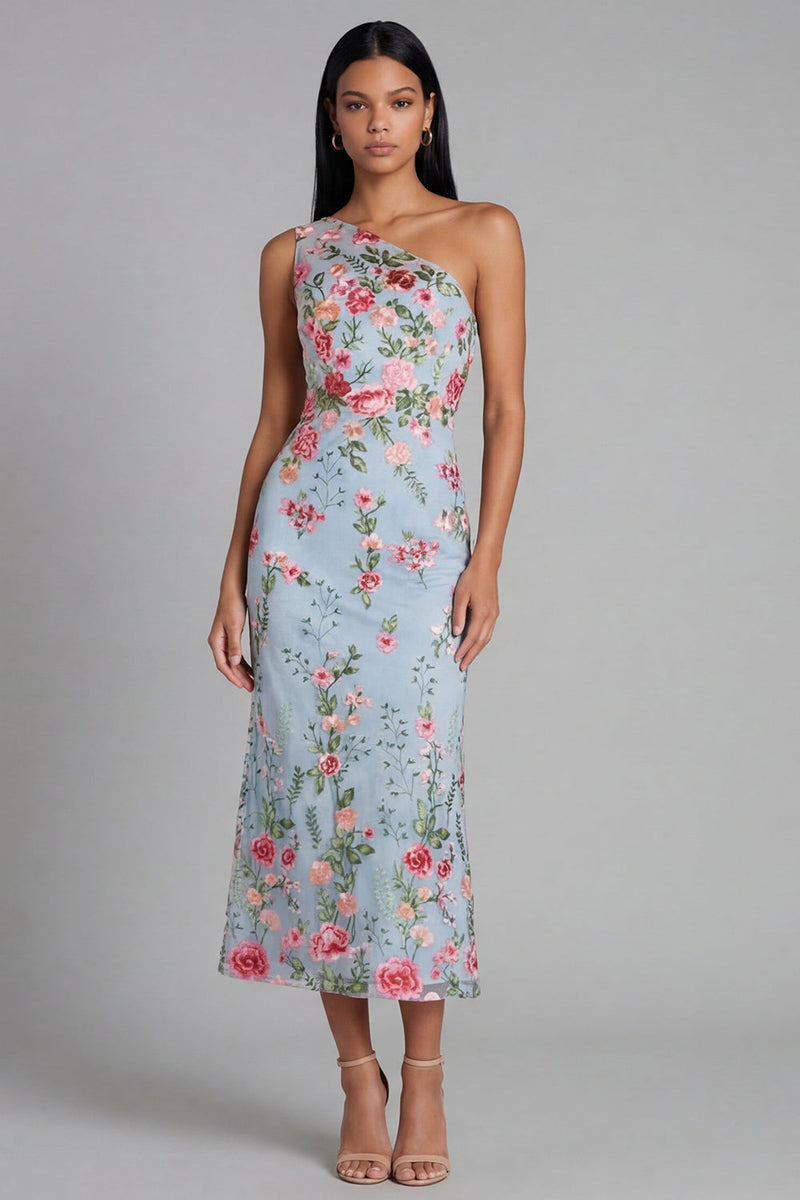 Load image into Gallery viewer, Blue Pink Floral Mermaid One Shoulder Maxi Formal Dress