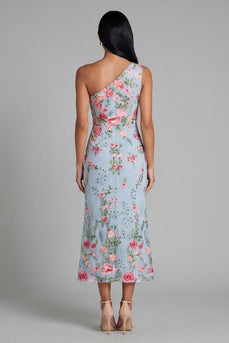 Blue Pink Floral Mermaid One Shoulder Maxi Formal Dress