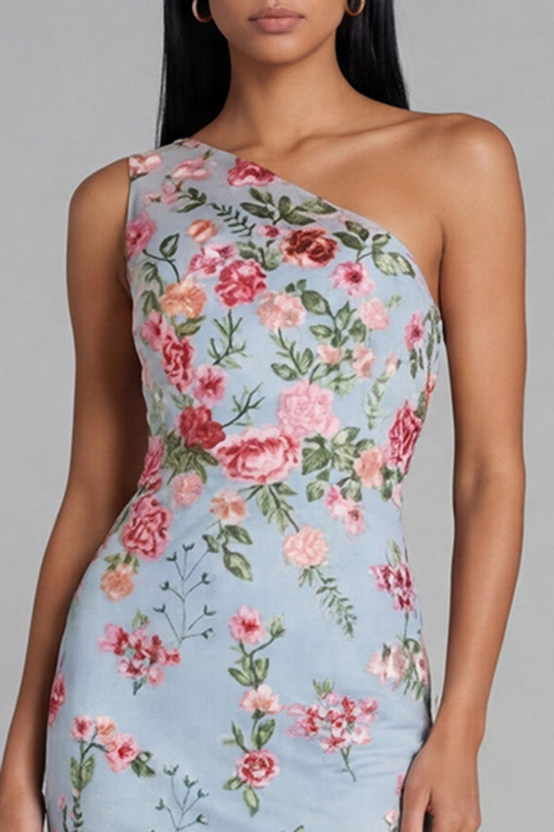 Load image into Gallery viewer, Blue Pink Floral Mermaid One Shoulder Maxi Formal Dress