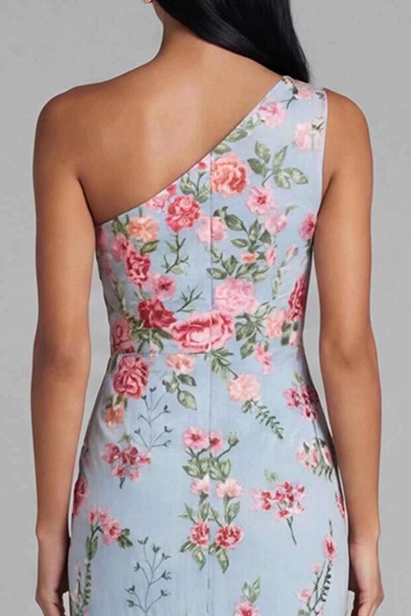 Load image into Gallery viewer, Blue Pink Floral Mermaid One Shoulder Maxi Formal Dress