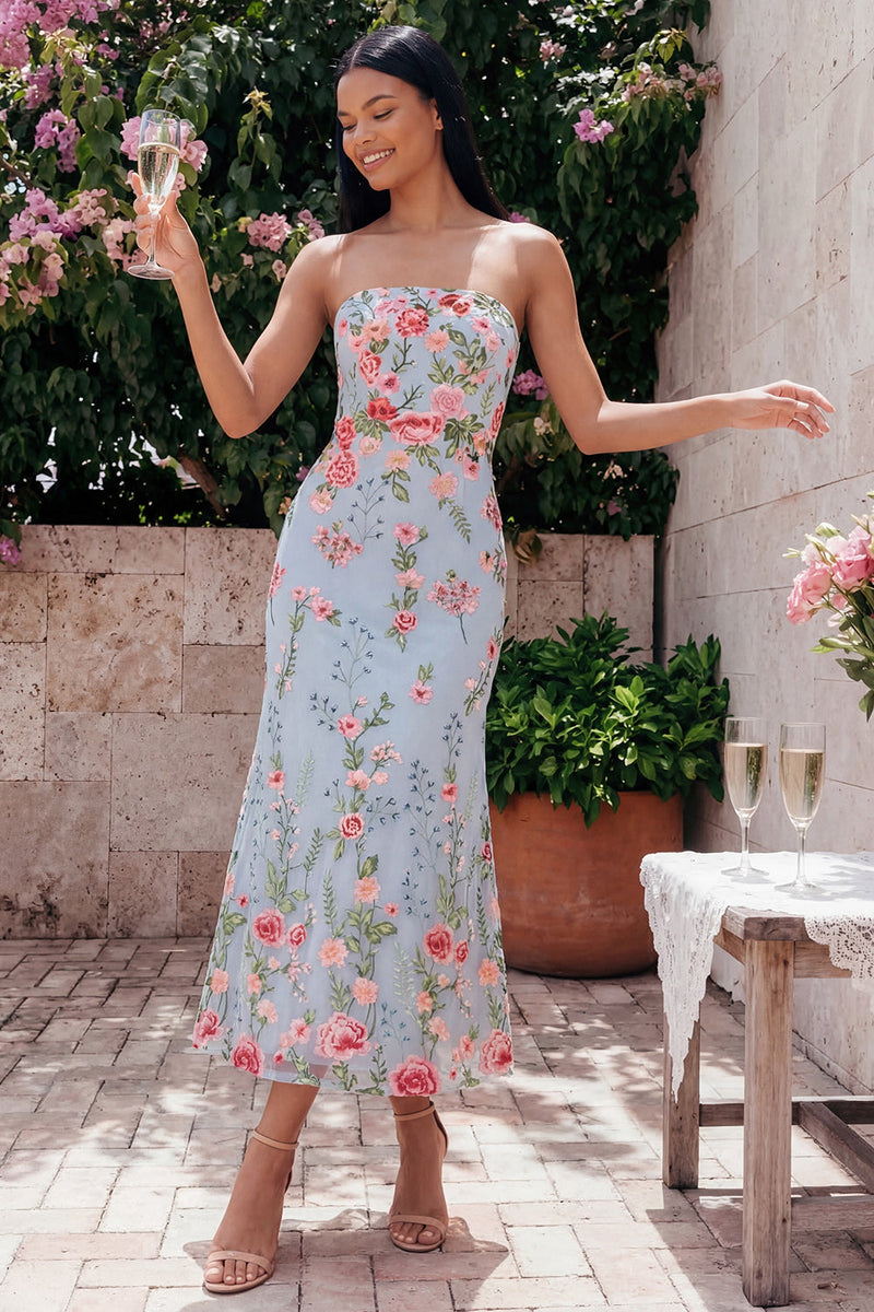 Load image into Gallery viewer, Blue Pink Flower Strapless Maxi Floral Mermaid Formal Dress
