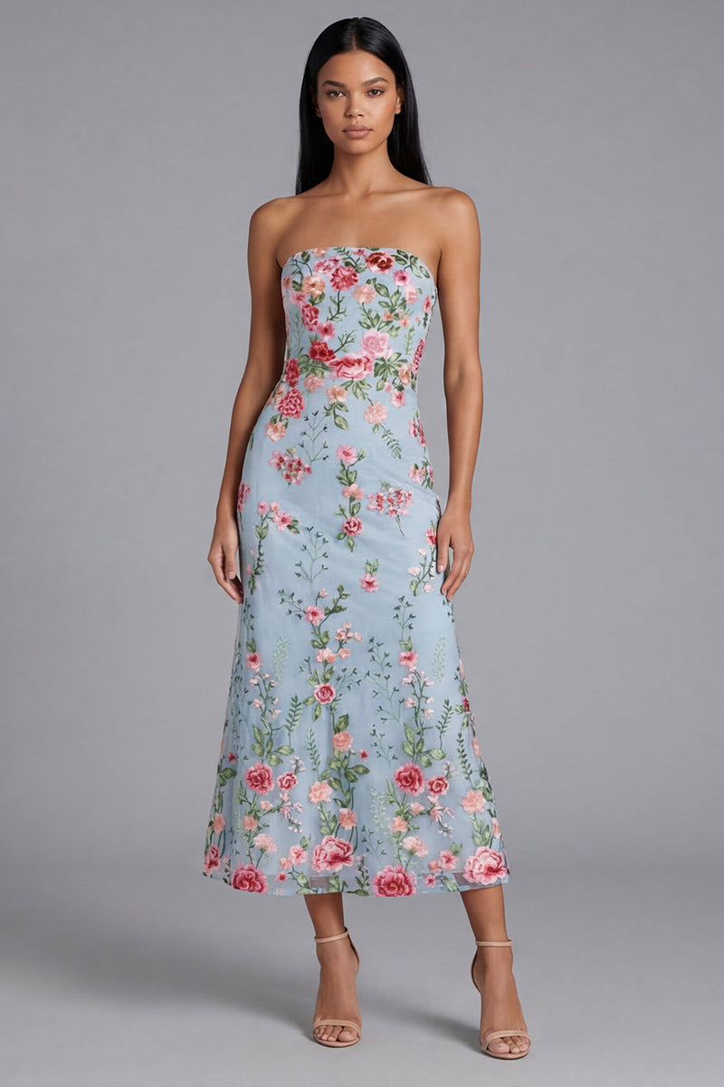 Load image into Gallery viewer, Blue Pink Flower Strapless Maxi Floral Mermaid Formal Dress