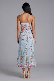Blue Pink Flower Strapless Maxi Floral Mermaid Formal Dress