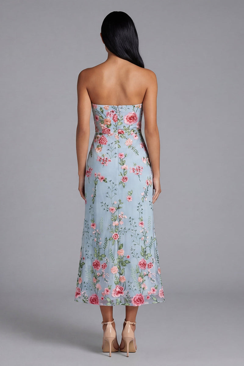 Load image into Gallery viewer, Blue Pink Flower Strapless Maxi Floral Mermaid Formal Dress