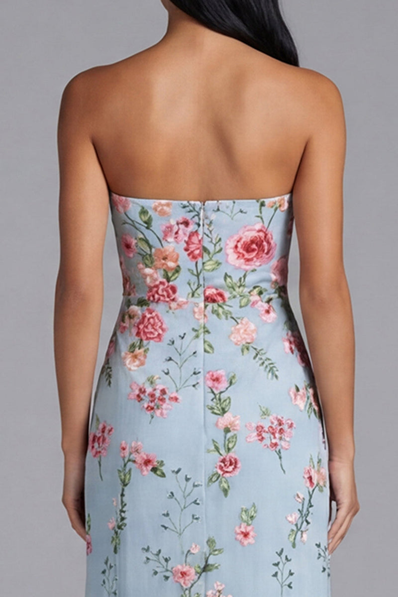 Load image into Gallery viewer, Blue Pink Flower Strapless Maxi Floral Mermaid Formal Dress