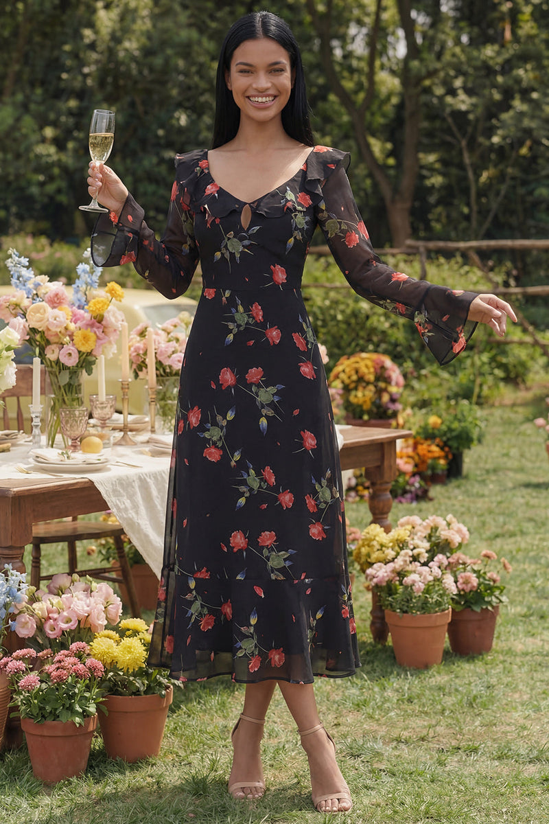 Load image into Gallery viewer, Black Floral A Line Maxi Keyhole Formal Dress with Ruffles