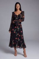 Load image into Gallery viewer, Black Floral A Line Maxi Keyhole Formal Dress with Ruffles