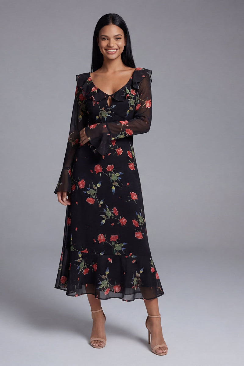 Load image into Gallery viewer, Black Floral A Line Maxi Keyhole Formal Dress with Ruffles